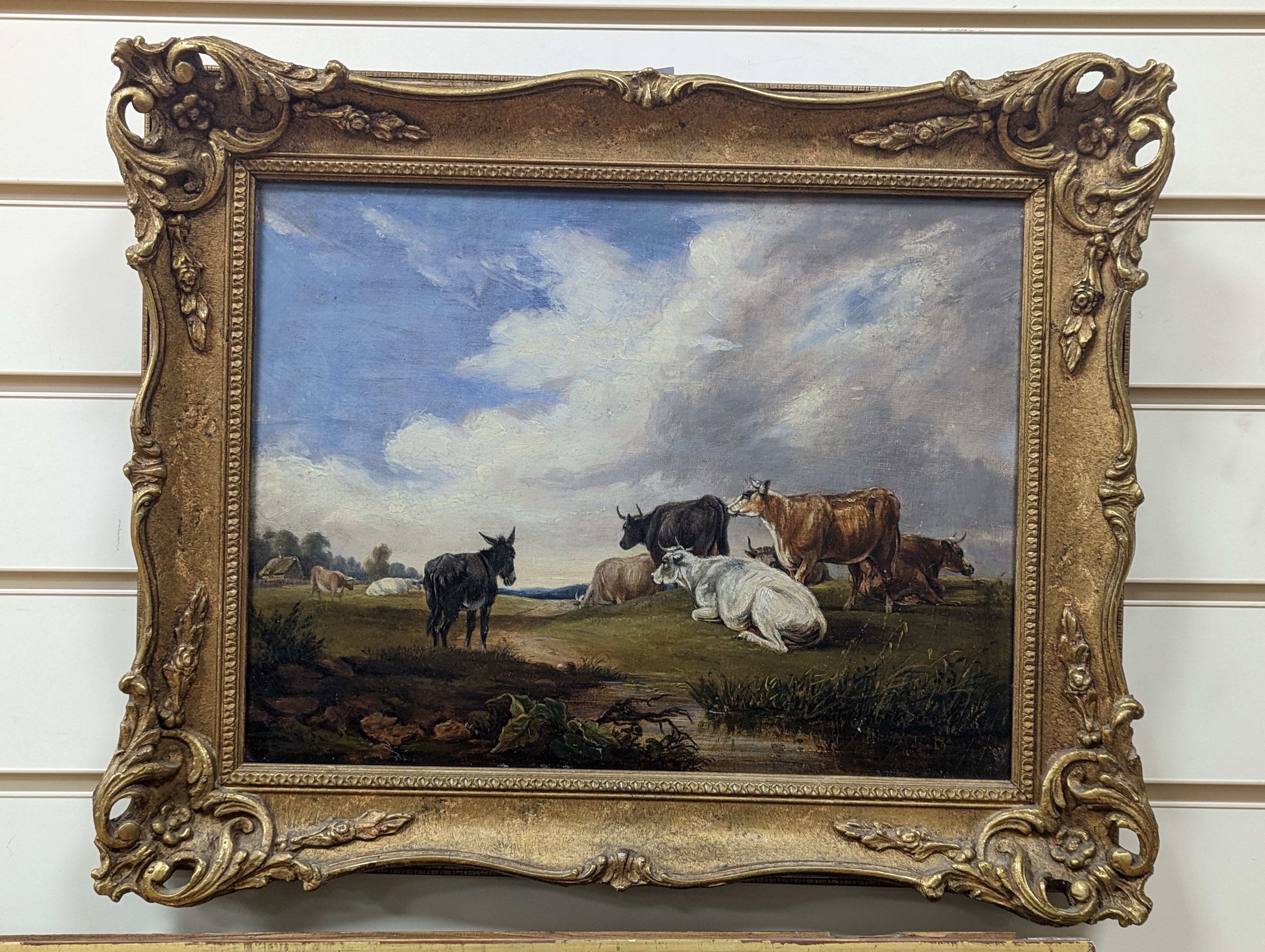 Manner of Thomas Sidney Cooper, oil on canvas, Cattle and donkey in a landscape, 28 x 37cm